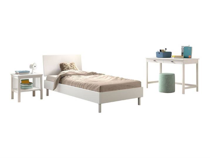 58 aufm Kessel Jugendzimmer-Set Einzelbett Set 90x200 Keeley Buche Bett Weiß Massivholz Schreibtisch, (inkl. Versand, Lieferung bis Verwendungsstelle), Schlafzimmer-Set mit Bett, Nachtkonsole und Schreibtisch