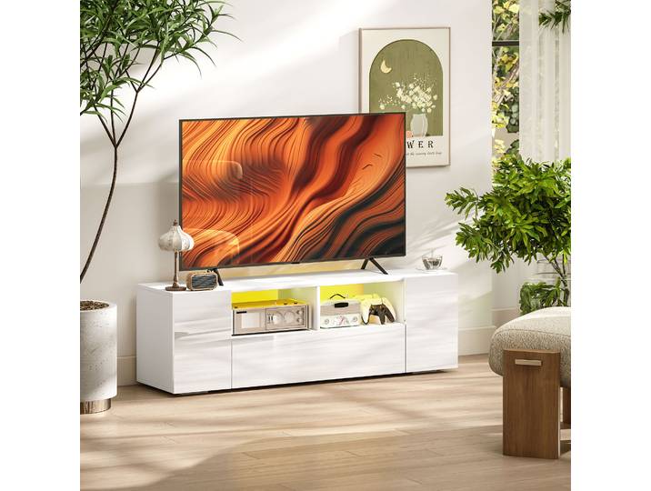 HOMCOM Meuble TV LED Blanc 60 Pouces 2 Étagères