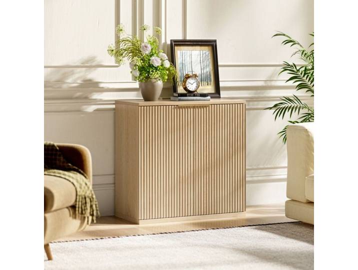 Buffet de rangement 2 portes 80 x 40 x 80 cm en MDF décor chêne clair avec façade plissée