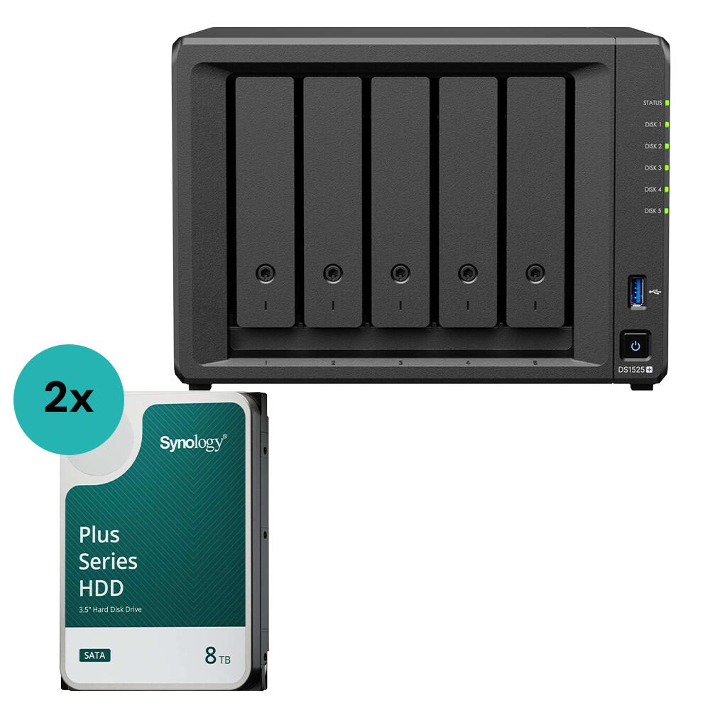 Synology DiskStation DS1525+ 5 Einschübe NAS-Server Leergehäuse (DS1525+) + 2x Synology Plus 3.5" SATA 6Gb/s Festplatte 8 TB DS1525+HAT3320-8T