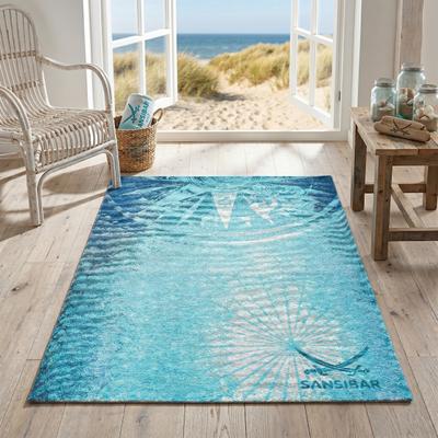 Teppich SANSIBAR "Keitum 011", blau, B:80cm H:3mm L:150cm, Polyester, Teppiche, Teppich, Flachgewebe, modernes Design, Motiv Kompass, auch in rund