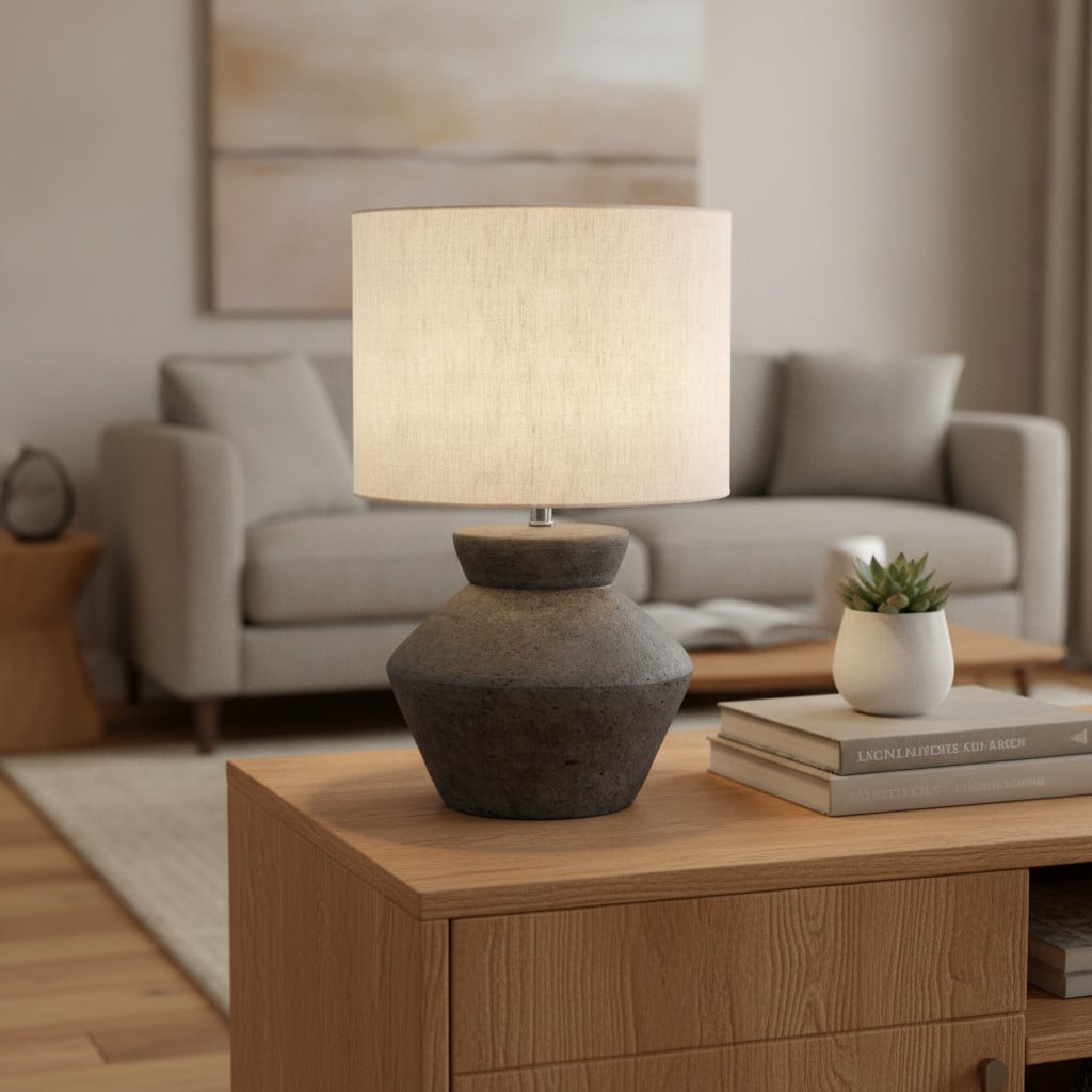 Lyora Tafellamp Plumage antraciet met beige stoffen kap