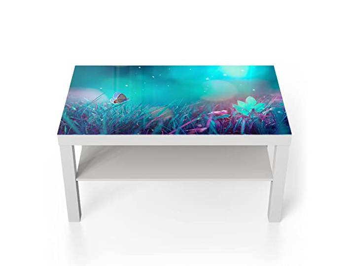 DEQORI Glastisch weiß groß 90x50 cm Motiv Märchenhafte Wiese ausgefallener Beistelltisch aus Glas Hochglanz Couchtisch fürs Wohnzimmer moderner Couch Tisch mit Design