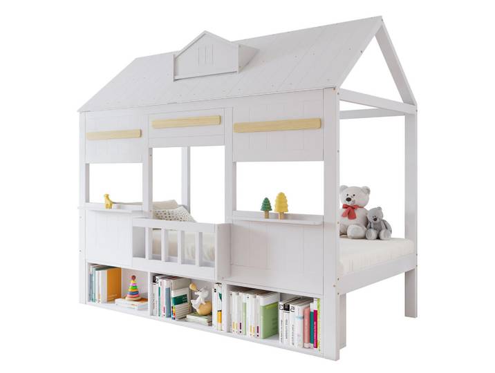 Wishdor Hochbett 90/200 cm in Weiß mit Regal, Holz, Rechteckig, 90x200 cm, Babymöbel & Kindermöbel, Kinderzimmer & Jugendzimmer, Stockbetten