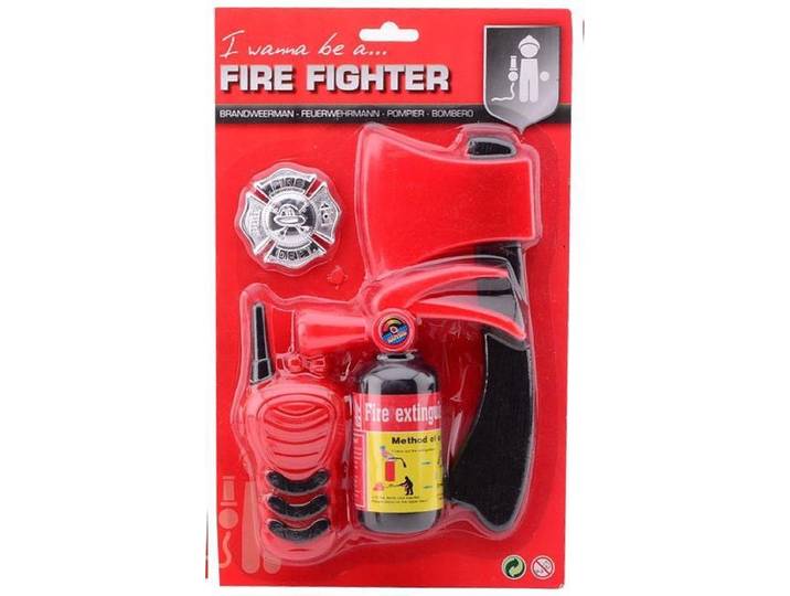 Johntoy 26975 - Brandweer starterset - 1 Brandblusser 1 Hamer 1 Walkie Talkie 1 Badge - Rood