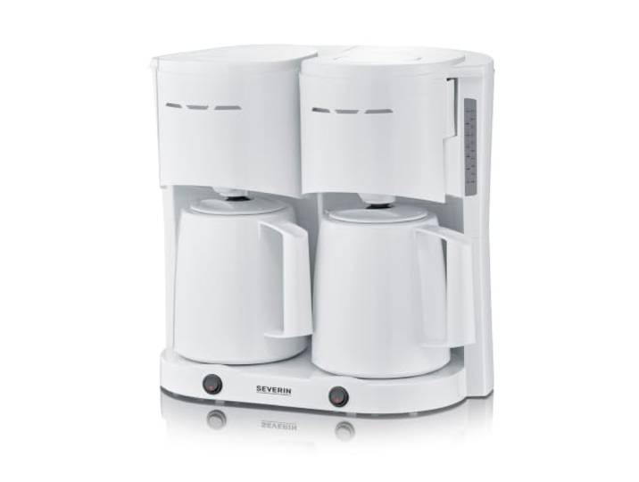 SEVERIN Filter-Kaffeemaschine, 2 Thermokannen, bis zu 16 Tassen, 2L, weiß Beidseitige Wasserstandsanzeige, Schwenkfilter 1x4, Tropfverschluss, Durchbrühdeckel, Abschaltautomatik, 2000 W, Weiß, 9314