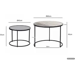 FineBuy, Couchtisch + Beistelltisch, 2er Set Couchtisch Marmor Glas rund Wohnzimmertisch Beistelltisch Satztisch (60 x 45 cm)