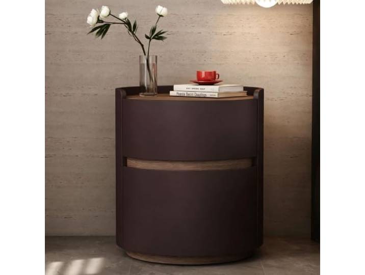 Runder Nachttisch Mit Schublade Kleiner Nachttisch Moderner Stil Leder 2 Schubladen mit verdeckten Griffen Für das Schlafzimmer(Brown,40cm/16in)
