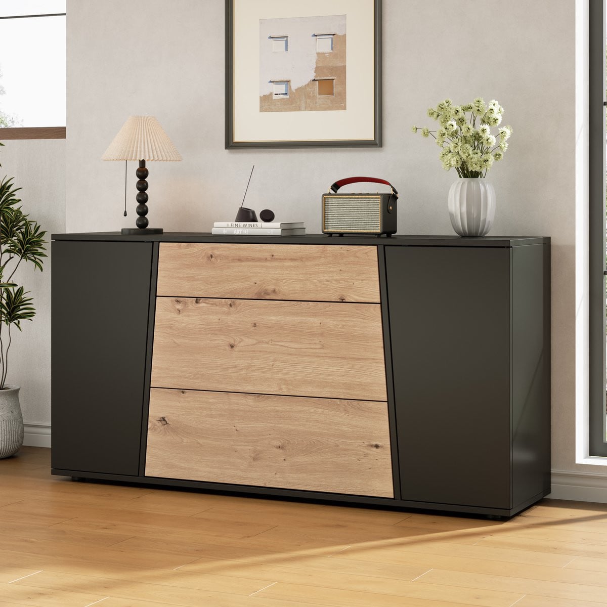 Modern Buffetkast Sideboard met 3 Laden en 2 Deuren, Zwart + Natuurlijk, B/D/H: 140 x 35 x 70 cm