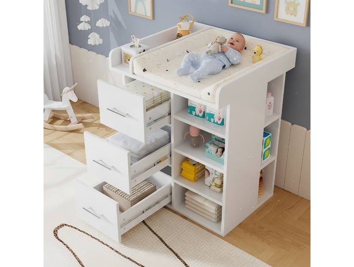 Commode à langer blanche pour bébé, 3 tiroirs, grand rangement, étagères réglables avec table à langer