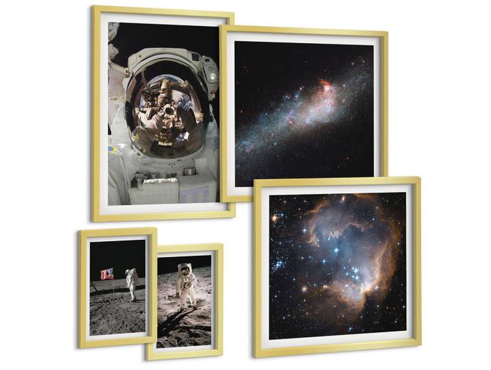 BILDER SET 5er Set - 50x50 cm & 20x30 cm & 40x60 cm Goldrahmen - Astronauten landen auf dem Mond
