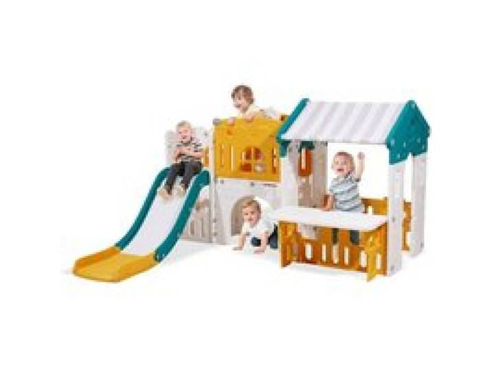 VEVOR Outdoor Spielhaus Outdoor Gartenhaus Cottage (Rutsche/Basketball/Teleskop/Lenkrad/Krabbeltunnel/Verkaufsfenster) Kinderspielhaus für Kleinkinder ab 1 Jahr HDPE-Kunststoff Kinderhaus