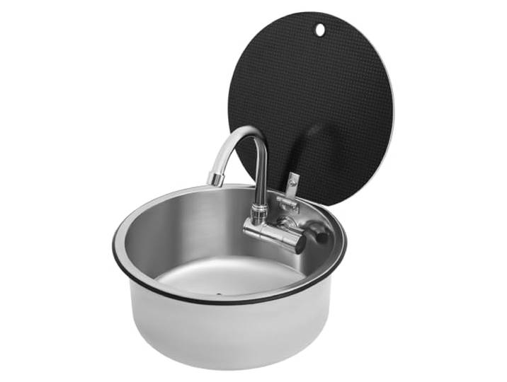 RV Camping Spüle Bausatz 34x34x15cm, Einzelne Schüssel Waschbecken mit Deckel, Rundes Waschbecken für kompatibel mit RV Wohnwagen Camper, Küche EdelstahlSpüle mit klappbarer Hahn, Camping Spülbecken