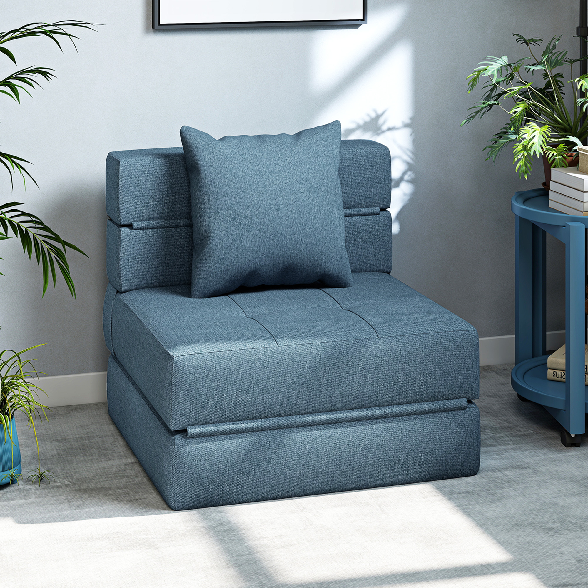 Homcom Poltrona-letto con 1 cuscino sfoderabile, divano-letto convertibile 1 posto in tessuto, 70x70x61 cm, Blu scuro   Aosom Italy