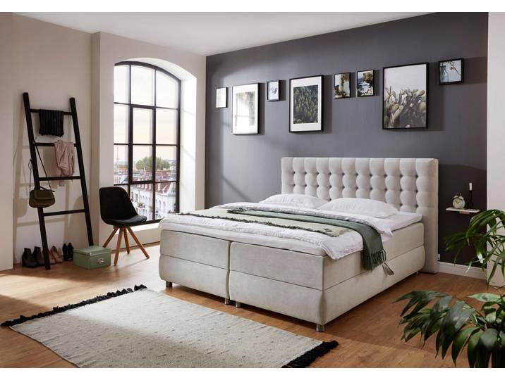 Boxspringbett, Strukturstoff, Hellgrau, 182×218 cm, Mit Bettkasten & Topper, Atlantic Home Collection