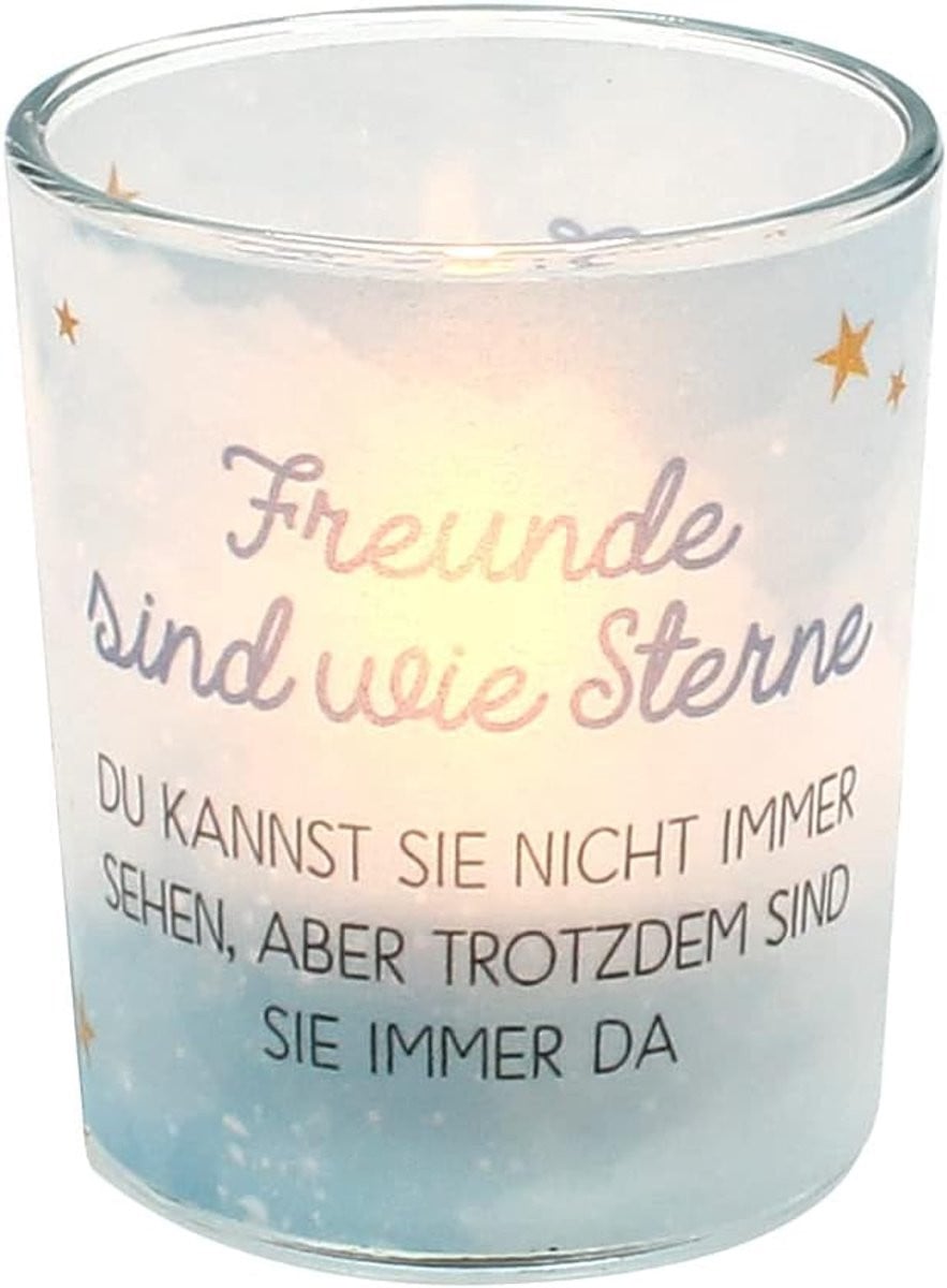 Windlichtglas met motief Vrienden zijn als sterren inclusief theelichtje, H x Ø: 6,5 x 6 cm