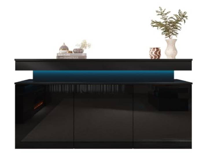 Mirjan24 Kommode Serkuzo 3D 160 mit 3-Türen, Blauer LED (Schwarz Hochglanz) Grifflose Türkommode mit 6 Innenfächern, Push-to-open-System und Soft-Close-System, B/H/T: 160/83/39 cm