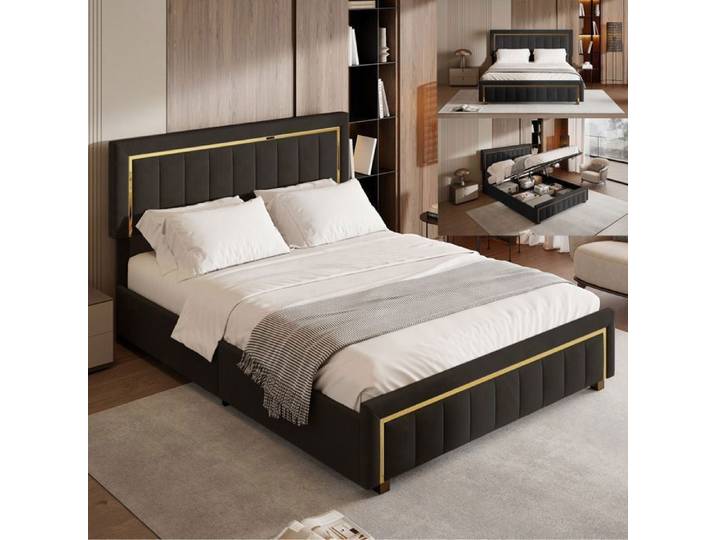 Lit 160x200 cm - NMONET - tissu en velours - cadre de lit double 160x200 cm - noir
