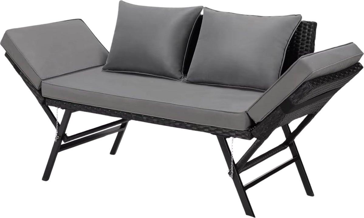 Polyrotan Gartenbank - Wetterfest - Mit Kissen - Schwarz - 3-Sitzer - Verstellbare Armlehnen - Für Terrasse, Balkon & Garten