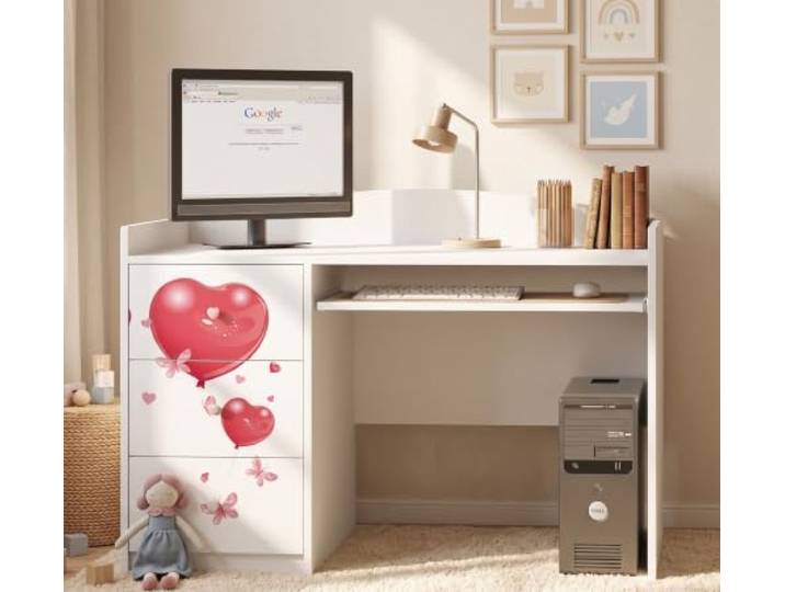 Happy Babies Weißer Kinderschreibtisch mit Schublade und Schrankfach, Schülerschreibtisch für Jungen & Mädchen, PC-Tisch Lerntisch mit Motiv (Nr 8)