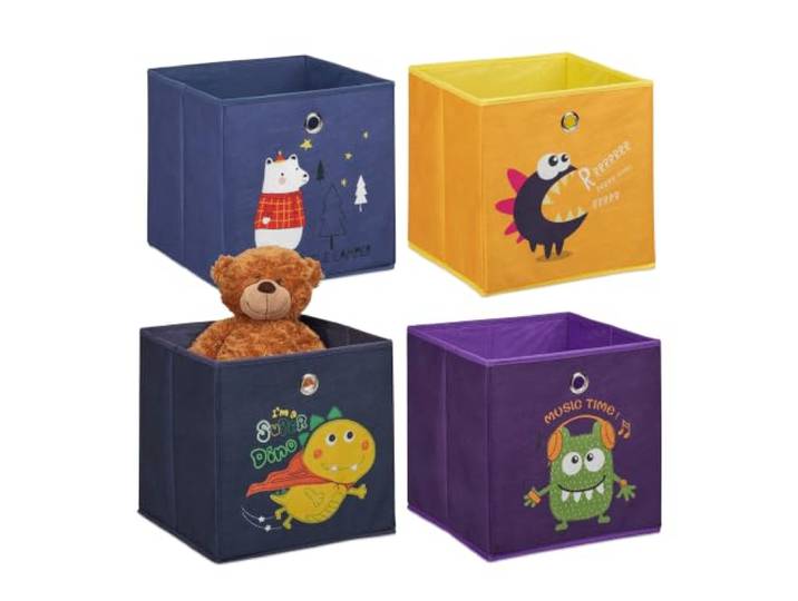 Relaxdays Lot 4 boîtes de rangement\, chambre d’enfant\, monstres et animaux\, pliables\, HxLxP : 30x30x30 cm\, multicolore