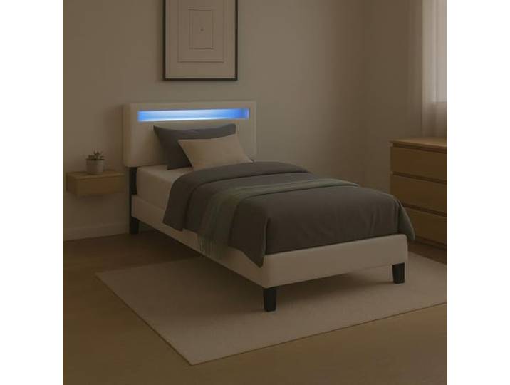 CARO-Möbel Polsterbett Benito 90x200 cm mit LED Beleuchtung, modernes Einzelbett mit verstellbarem Kopfteil, Jugendbett mit Bezug aus Lederimitat in weiß