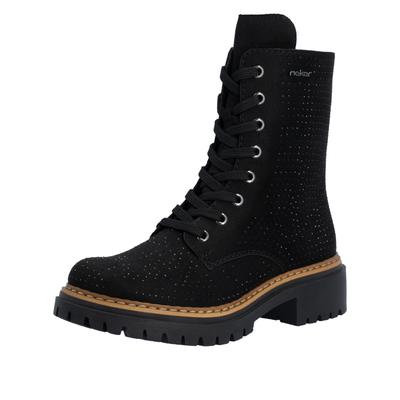 Schnürboots RIEKER, Damen, Gr. 37, Textil, schwarz, Schuhe Schnürboots, Schnürstiefelette, Blockabsatz, mit Glitzersteinchen verziert