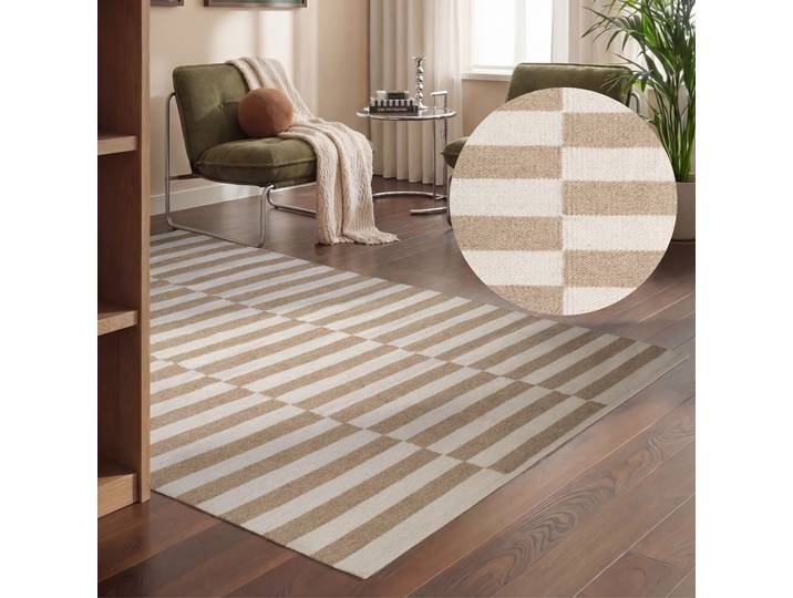 Wollteppich HANSE HOME Vika, schwarz-weiss , beige (beige, weiß), B:160cm H:5mm L:230cm, Wolle, Teppiche, Wollteppich, Handgewebt, Wolle, Natur, Läufer, Wohnzimmer, Schlafzimmer, Streifen