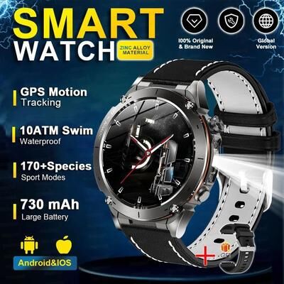 Uplift Essentials "Stratos 4 GPS Tactical Smart Watch 1.43"" AMOLED HD Display & Compass Pro Barometric Altimeter & Flashlight SmartWatc starlight Leather"
