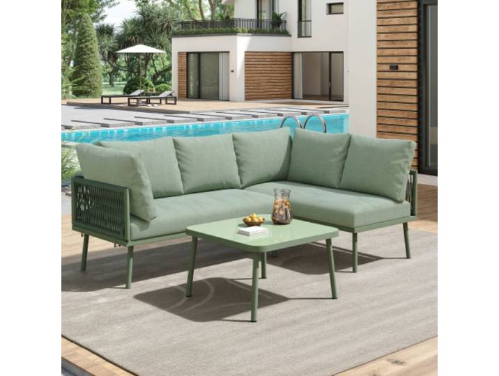 Salon bas de jardin extérieur en fer mobilier de jardin en corde verte set lounge en forme L avec coussins inclus