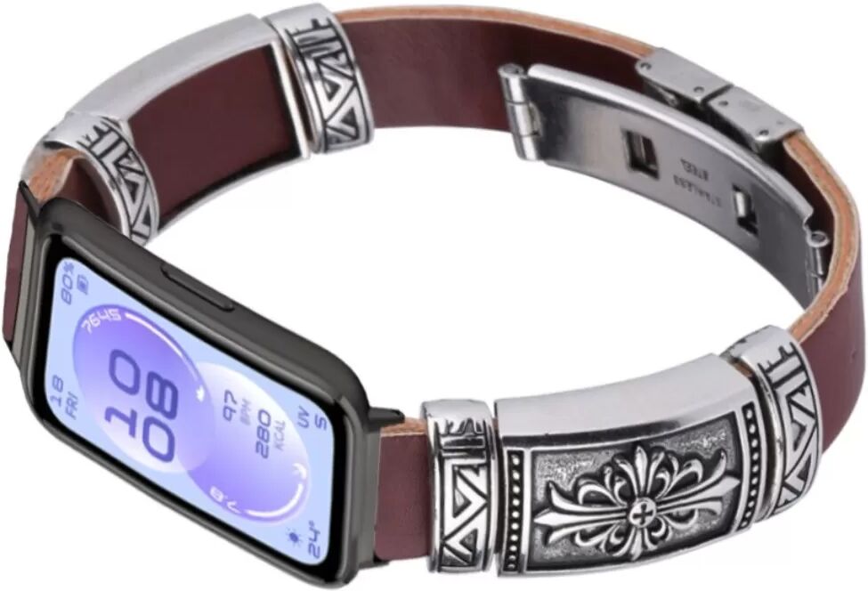 INF Vintage PU-Leder Ersatzarmband mit Doppelknopf-Schmetterlingsverschluss, kompatibel mit Huawei Band 11/11 Pro Braun
