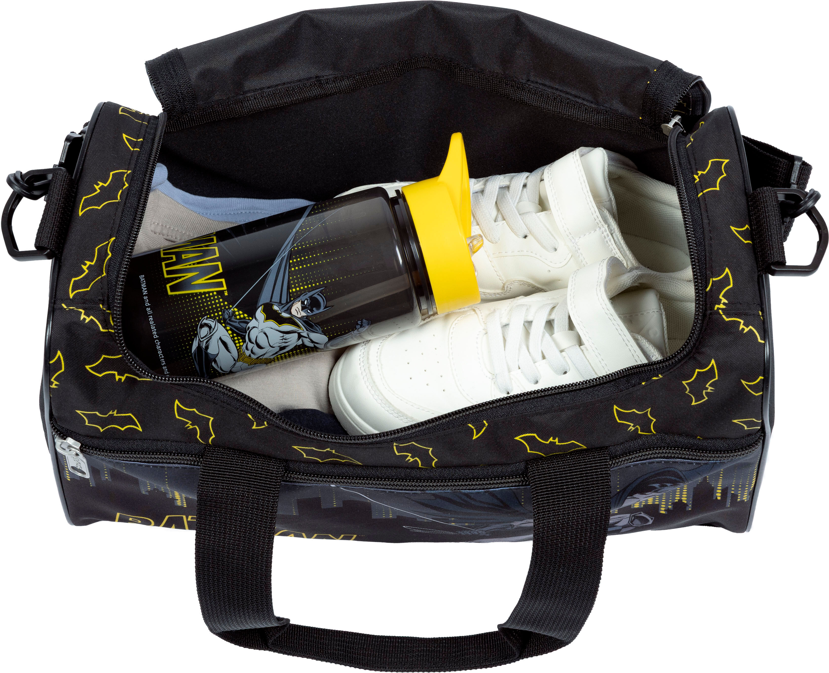 Sporttasche SCOOLI "Jurassic World", Damen, Gr. B/H/T: 35cm x 23cm, schwarz (batman), Polyester, Taschen Sporttasche batman B/H/T: 35cm x 23cm