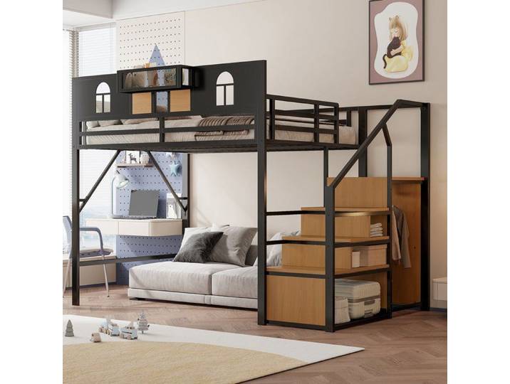 Lit mezzanine 140x200 pour adulte structure métallique robuste charge 120 kg