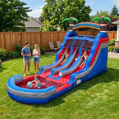 HeroKiddo Tropic Tide 22 ft. Dual Lane Inflatable Water Slide with Detachable Pool, Tropical Wet/Dry Backyard Slide with Blower