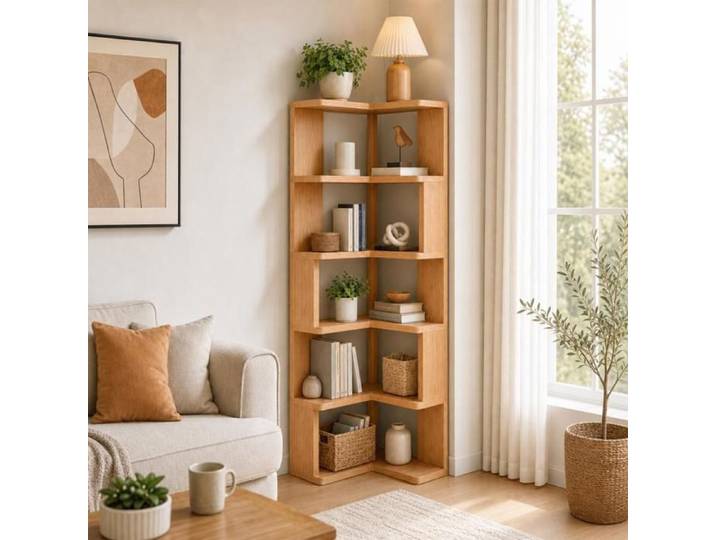 MIPAN Étagère D'angle 5 Niveaux Effet Bois Bibliothèque De Rangement Murale Pour Salon Chambre Bureau 40x40x162cm