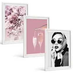 BILDER SET 3er Set - 40x60 cm Weißer Rahmen - Rosenblüten und eine elegante Dame