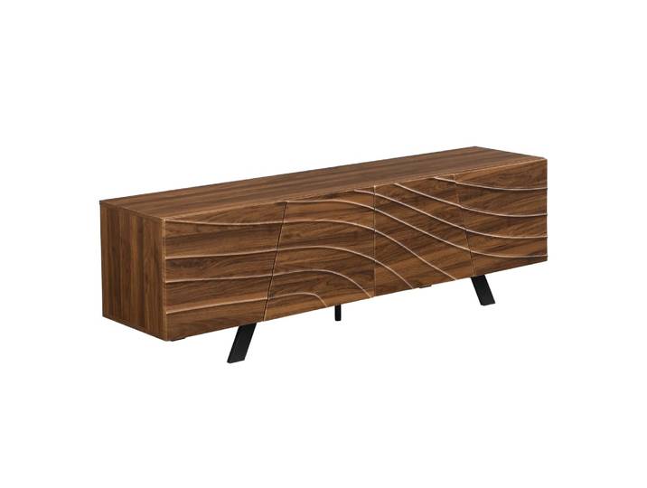 Meuble tv 160 cm façade ondulée, rangement et pieds métal