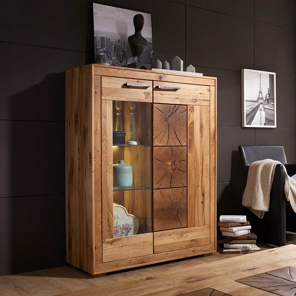 Pharao24.de Wohnzimmer Highboard aus Wildeiche massiv LED Beleuchtung