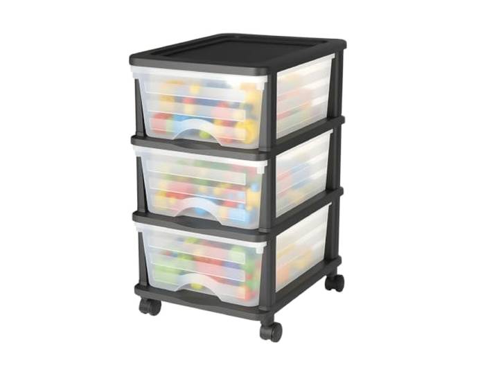 VEVOR Chariot de rangement à 3 tiroirs en plastique\, tour de rangement à roulettes\, organiseur mobile à 3 niveaux\, bac transparent pour fournitures de bureau\, salles de bricolage et salles de classe