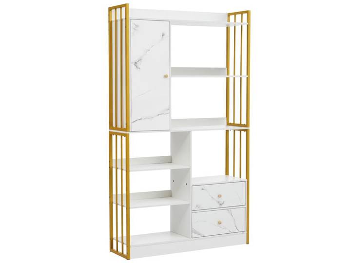 Étagère - Bibliothèque - Marbre blanc - 1 porte 2 tiroirs - Contemporain design