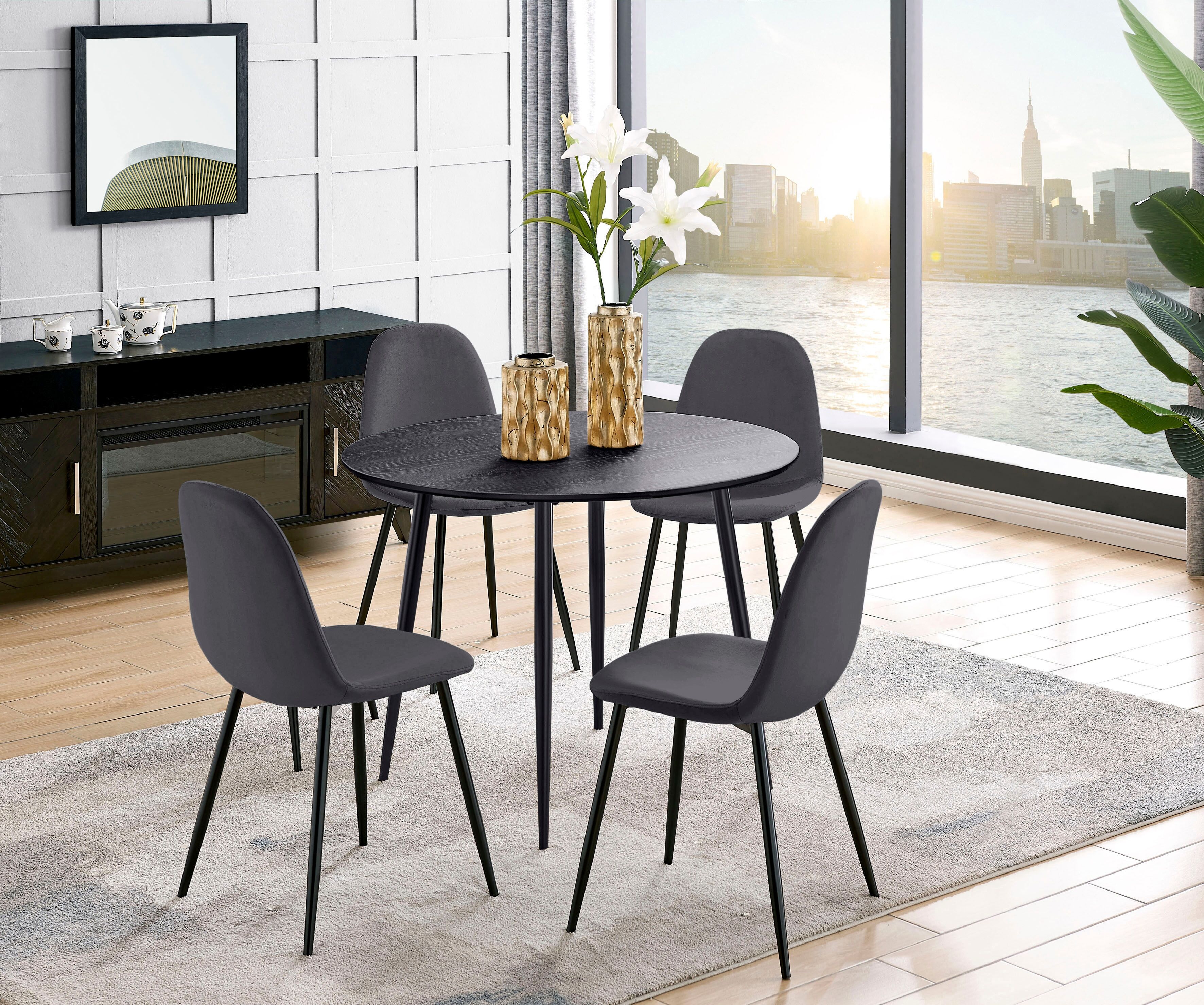 Essgruppe GOODPRODUCT "Eadwine, Sitzgruppe Esstisch plus 4 Esszimmerstühle", grau (grau, grau), Samtvelours, Schwarz/grau, Sitzmöbel-Sets, Essgruppe grau, grau Samtvelours, Schwarz/grau