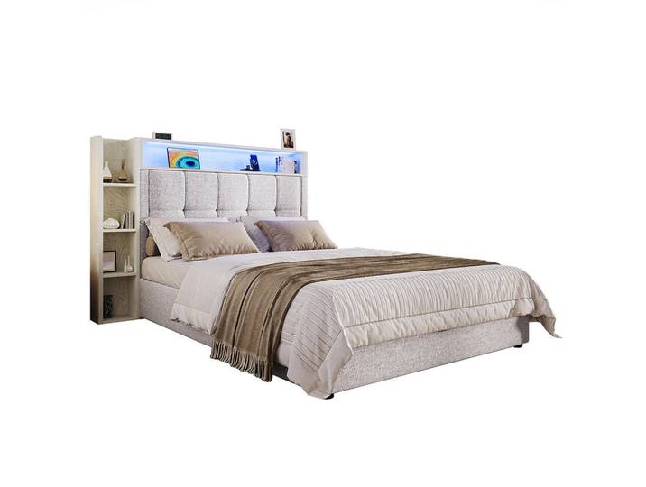 Komhtom Polsterbett 90x200 cm, Leinen in Grau, Beige, Mode, 90x200 cm, Schlafzimmer, Betten, Polsterbetten