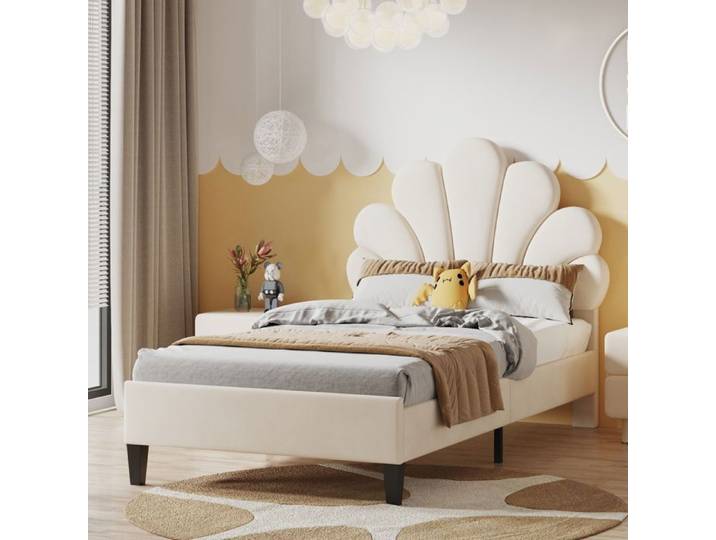 Norevia Lit Enfant 90x200 Velours Beige avec Tête de Lit Fleur et Sommier – Cadre de Lit Capitonné Ado Fille
