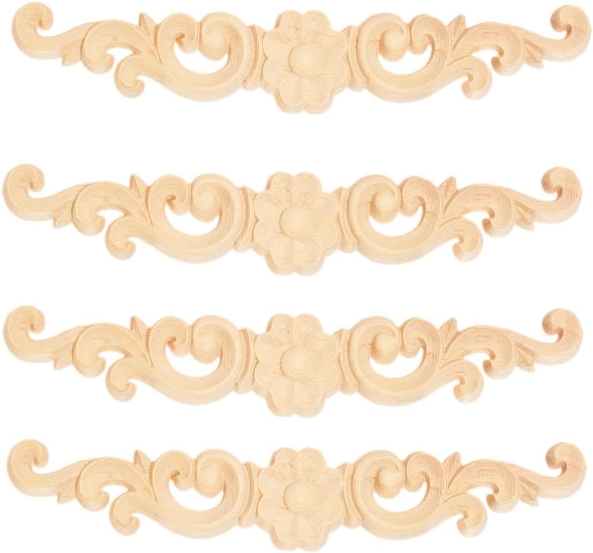 Set van 4 houten gegraveerde applicaties voor meubeldecoratie en deurdecoratie in Europese stijl, 16 x 3 cm