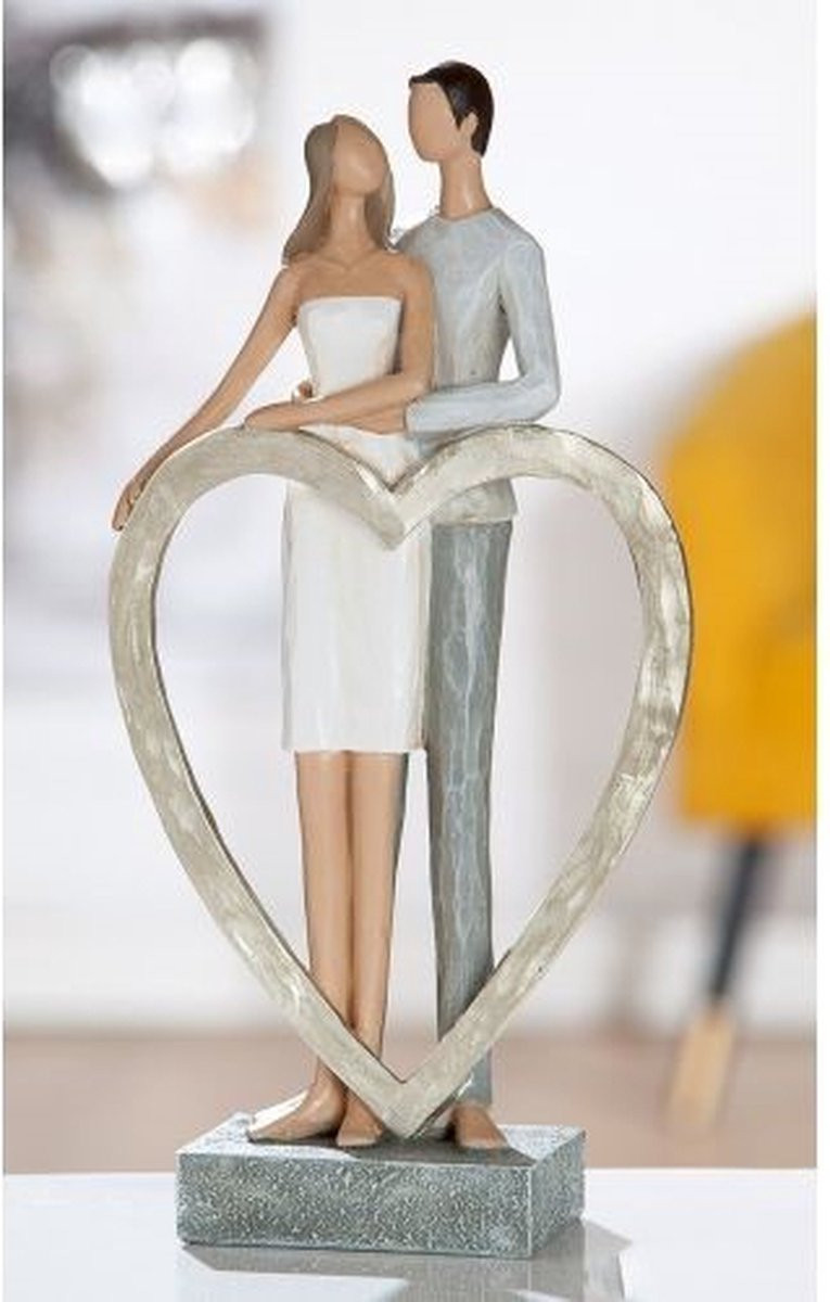 GILDE Decoratie Beeld Liefdespaar met Groot Hart - Romantisch Trouwkoppel Figuur - Hoogte: 26 cm