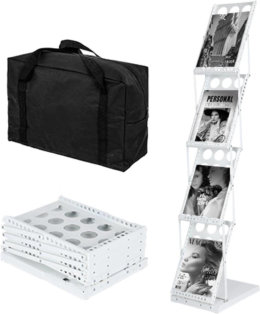 Brochure Display Stand met 4 etages, Magazine Rack voor het presenteren van documenten, zwart, opvouwbaar met tas