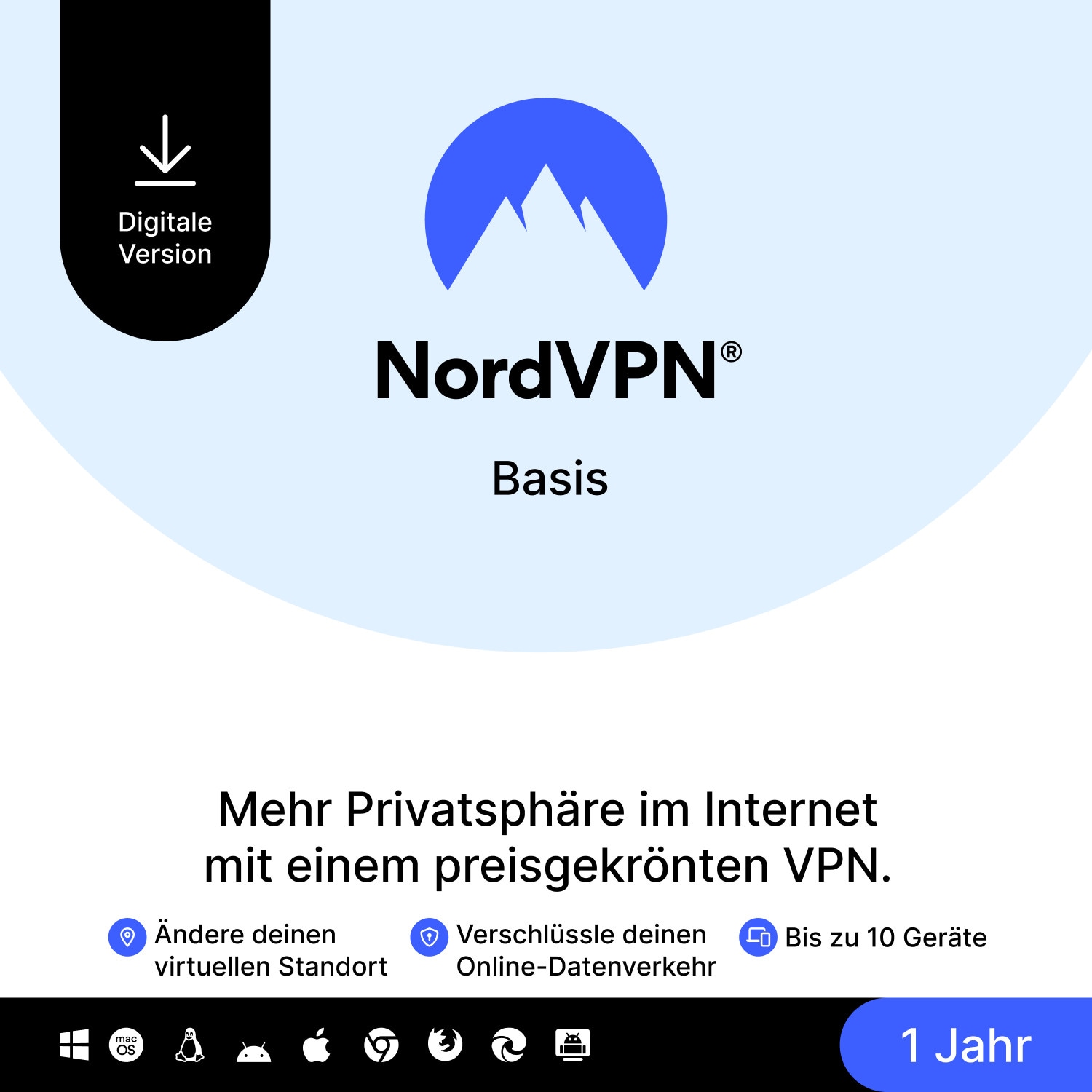 NordVPN Basis | 10 Geräte | 1 Jahr | Download & Produktschlüssel NVB1C1Y-EPDE-E