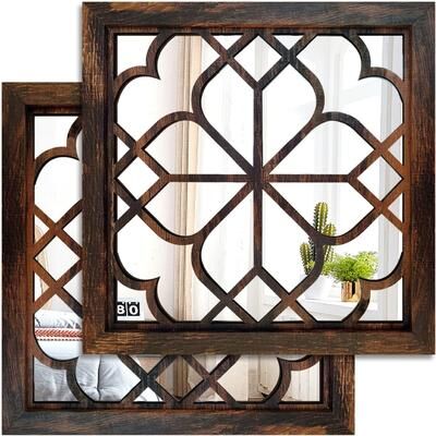 Fusion Finds Rustic Wood Framed Acrylic Wall Mirror Set Of 2 For Entryway, Bathroom & Bedroom Decor b