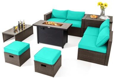 Costway 9 Pieces Outdoor Patio Furniture Set with 42 Inch Propane Fire Pit Table-Turquoise