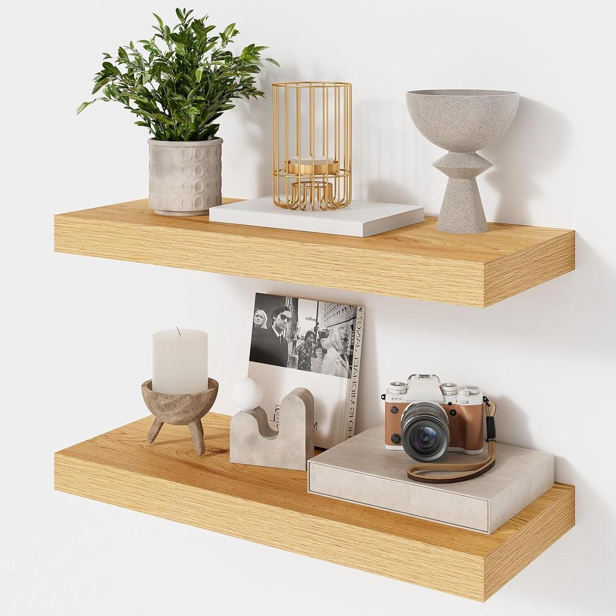 Set van 2 zwevende wandplanken, recht ontwerp, eikenkleur, voor keuken, badkamer of woonkamer